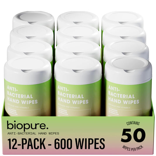 BIOPURE antibacterial wipes in watermelon canister kill 99% of germs on contact.
