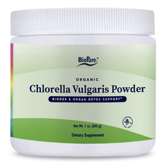 BioPure Chlorella Vulgaris powder packaging with organic certification and quality.