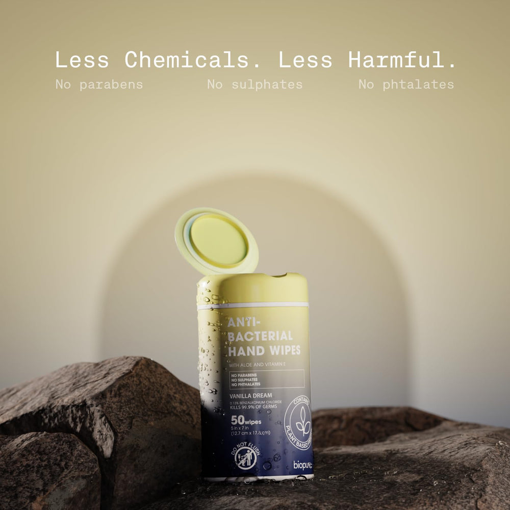 BIOPURE moisturizing wipes in vanilla scent canister suitable for travel and events