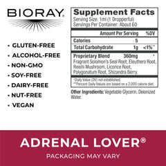 BIORAY Adrenal Lover label close-up highlighting organic ingredients for gentle support