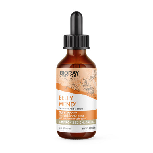 BIORAY Daily Belly Mend bottle highlighting probiotic gut support and mushroom blend