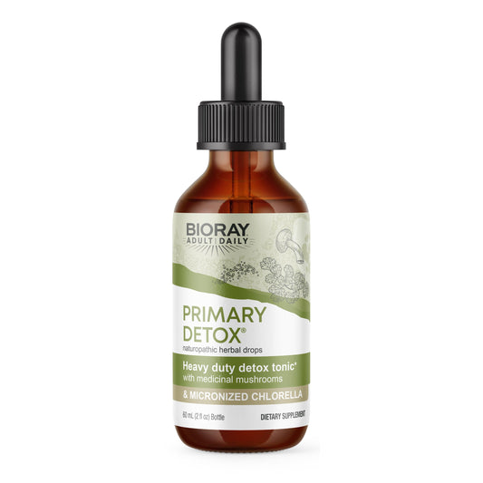 BIORAY Daily Primary Detox bottle label highlighting organic ingredients and clean formula.
