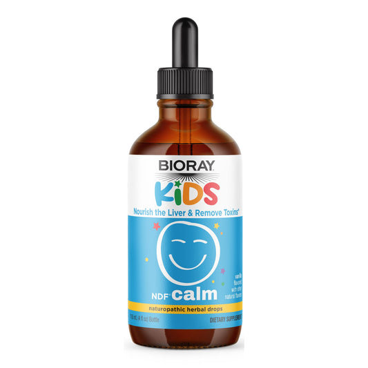 BIORAY Kids NDF Calm bottle on a counter, gentle toxin-binding support.