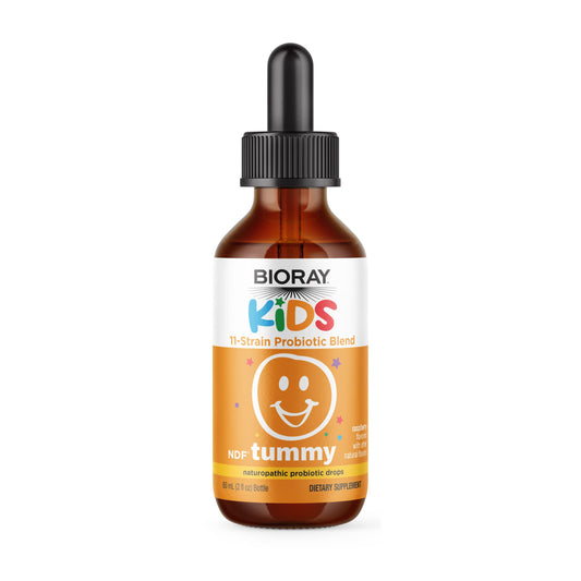 BIORAY Kids NDF Tummy Raspberry bottle for kid-friendly probiotic dosing.