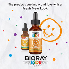 BIORAY Kids NDF Tummy Raspberry dosing spoon included for accurate daily servings.