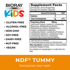 BIORAY Kids NDF Tummy Raspberry label with ingredients and strains for gut balance