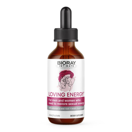 BIORAY Loving Energy bottle front view shows a revitalizing tonic for daily stamina and mood