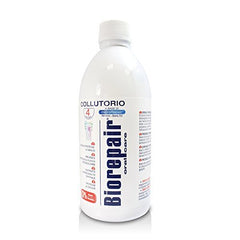 Biorepair mouthwash label showcases Italian production and quality.