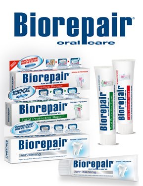 Biorepair mouthwash Italian packaging box front view signaling authentic Italian design.