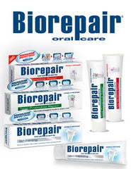 Biorepair mouthwash Italian packaging box front view signaling authentic Italian design.