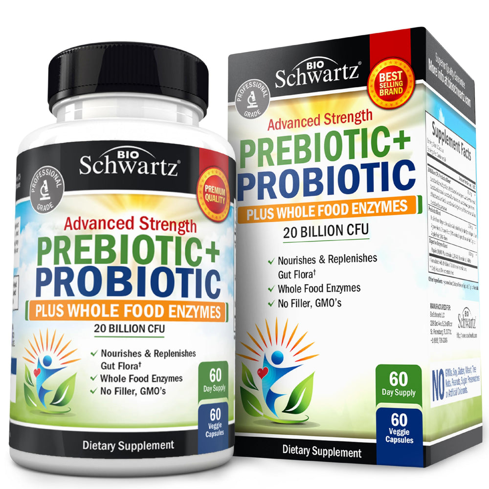 BioSchwartz advanced prebiotics and probiotics bottle for gut support.
