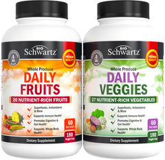 BioSchwartz daily-fruits-veggies-bottle shows 180 capsules for convenient daily nutrition.