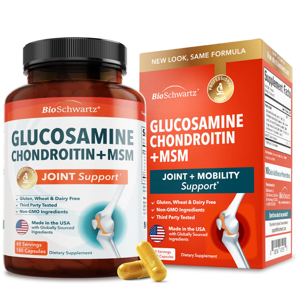 BioSchwartz glucosamine chondroitin msm bottle promotes joint comfort.