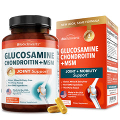 BioSchwartz glucosamine chondroitin msm bottle promotes joint comfort.