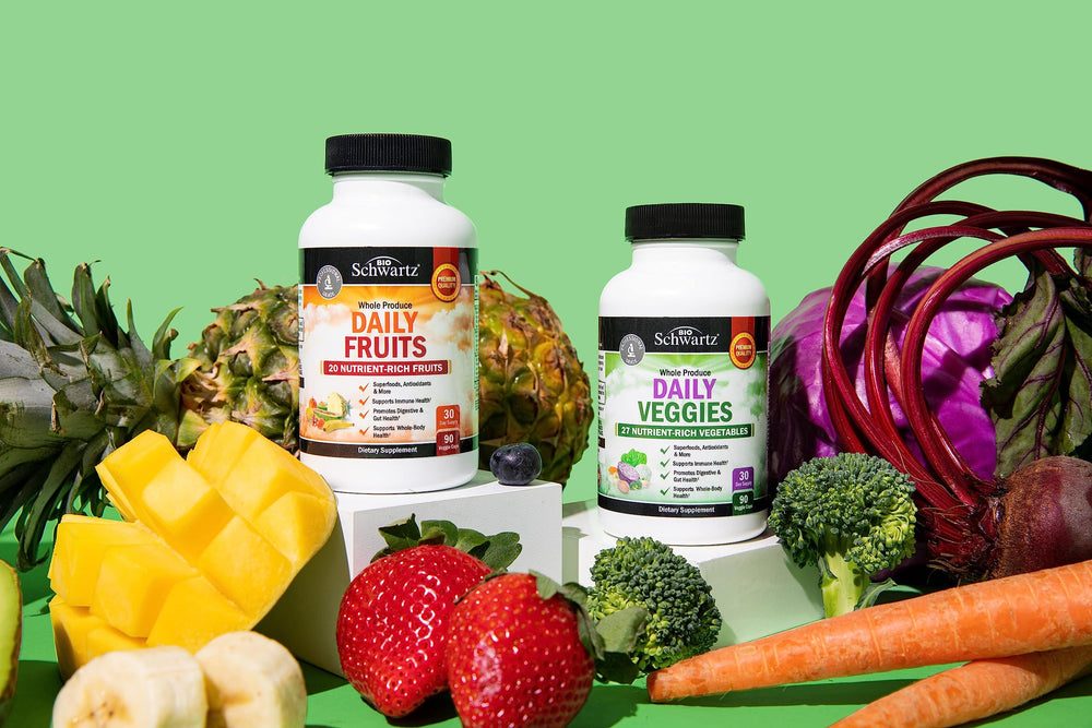BioSchwartz-healthy-routine-fruits-veggies scene suggests easy addition to meals.