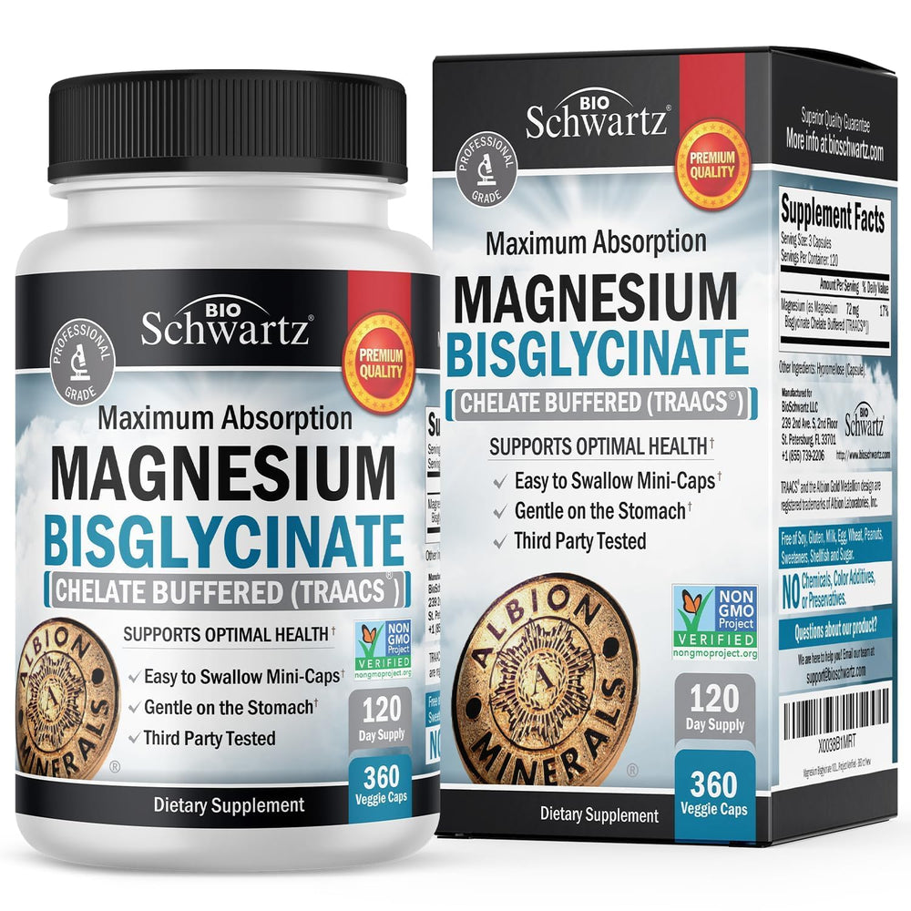 BioSchwartz magnesium bisglycinate bottle front view highlighting high absorption for daily support