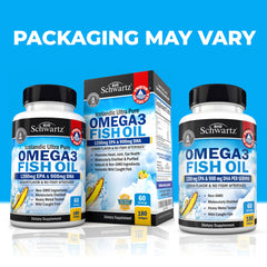 BioSchwartz omega-3 softgels close-up showing burpless lemon-taste formula