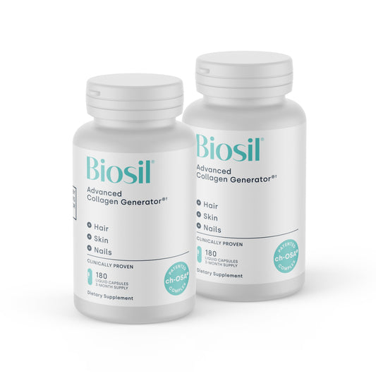Biosil collagen booster bottle highlighting patented ch-OSA formula for skin support.