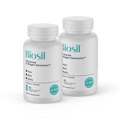 Biosil Collagen Generator bottle on a clean counter highlighting potential skin and nail benefits.