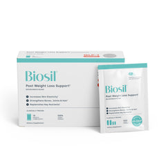 Biosil Post Weight Loss bottle front view highlighting BounceBack Blend for skin elasticity support.