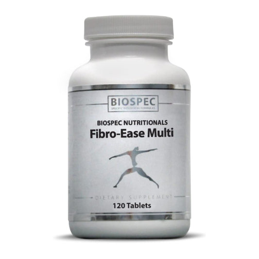 BIOSPEC Nutritionals Fibro-Ease Multi bottle highlights energy-supporting vitamins.