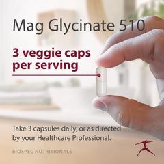 BIOSPEC Magnesium Glycinate 510 capsules being poured, for easy daily supplementation.