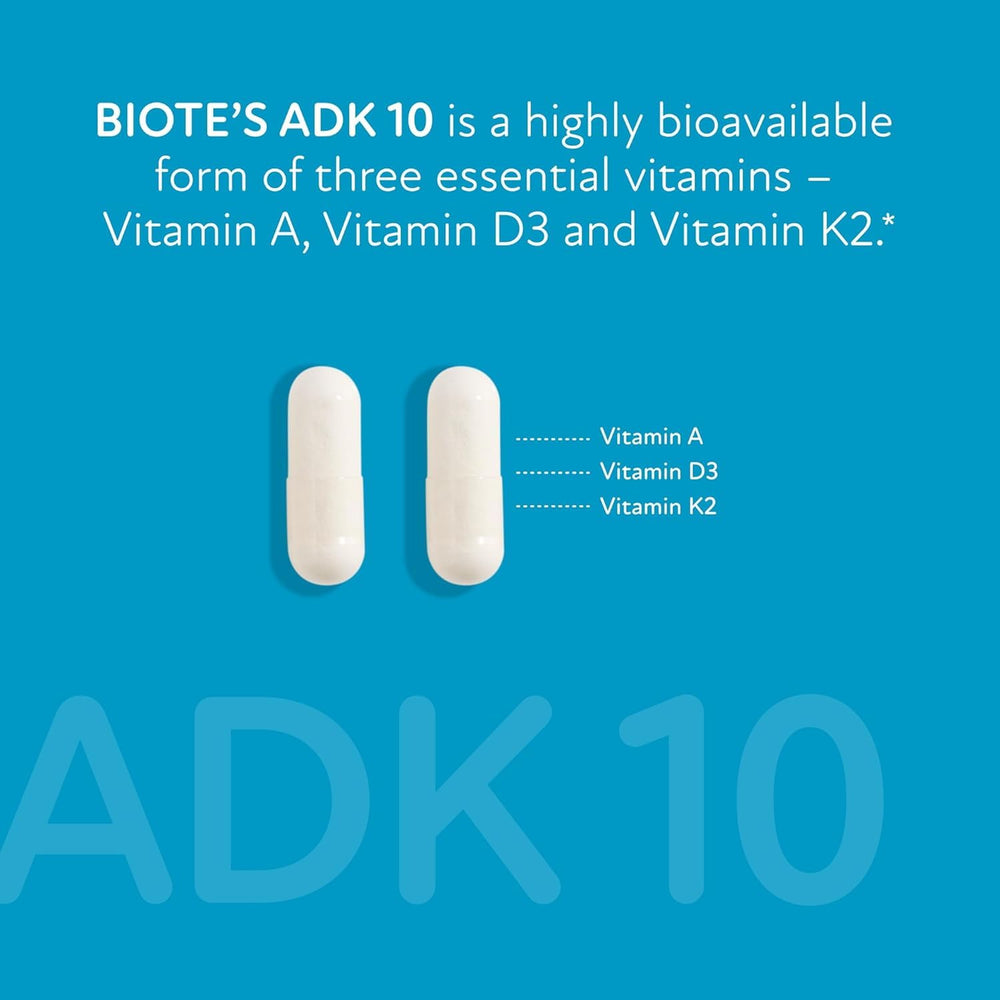 Biote ADK10 label detail highlighting vitamin D and allergen information.