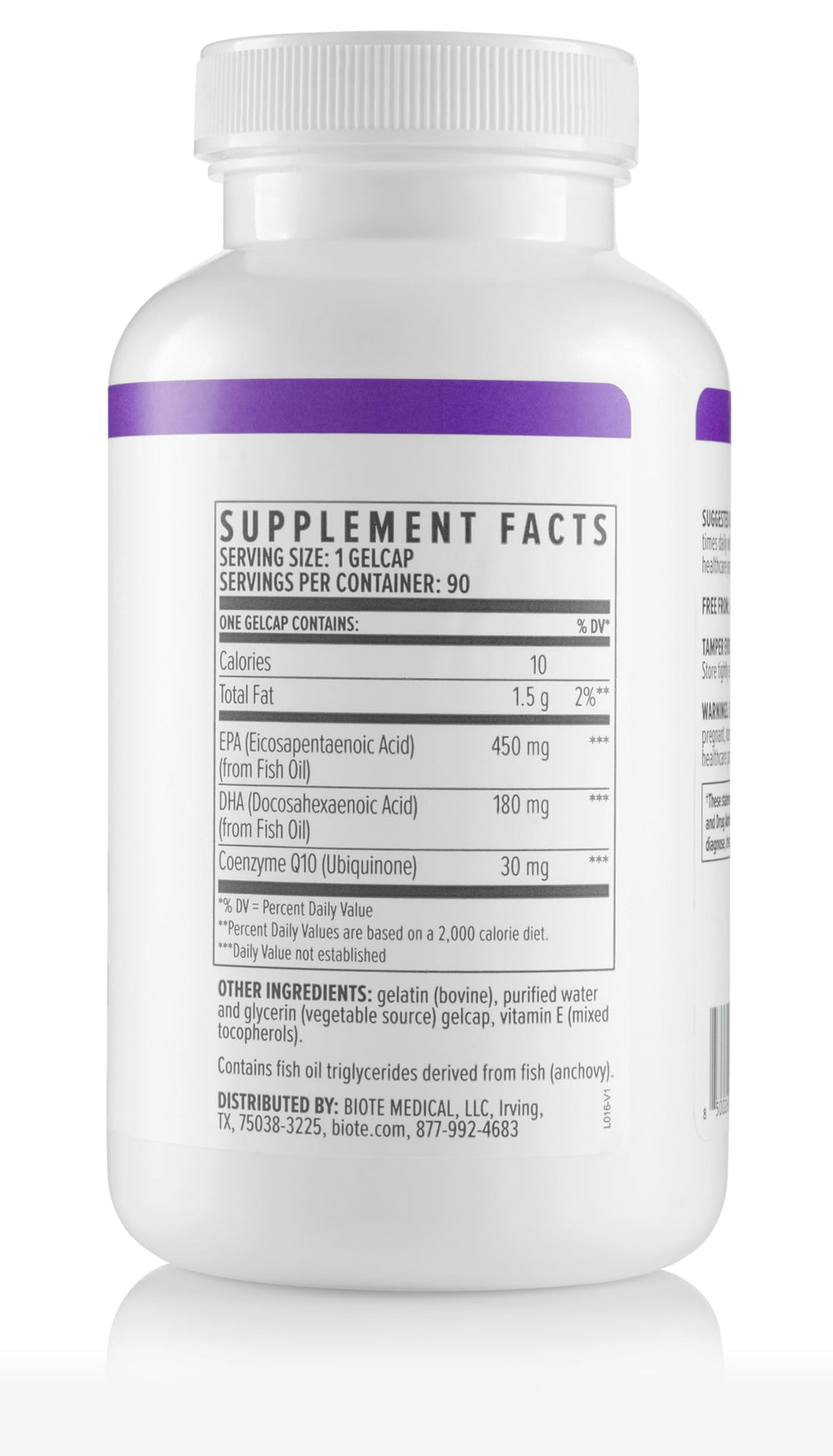 Biote Omega-3 CoQ10 dietary supplement on kitchen counter for daily use.