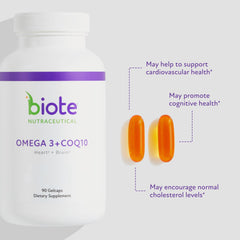 Biote Omega-3 CoQ10 label packaging highlighting daily supplementation.