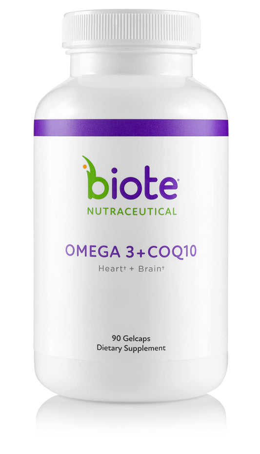 Biote Omega-3 CoQ10 softgel bottle view for heart and brain support.
