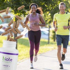 Biote Urox+ bottle dosage shot illustrating easy daily intake for bladder support
