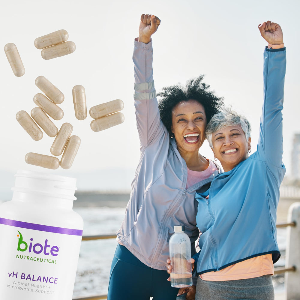 Lifestyle shot of Biote vH Balance in a daily bathroom routine.