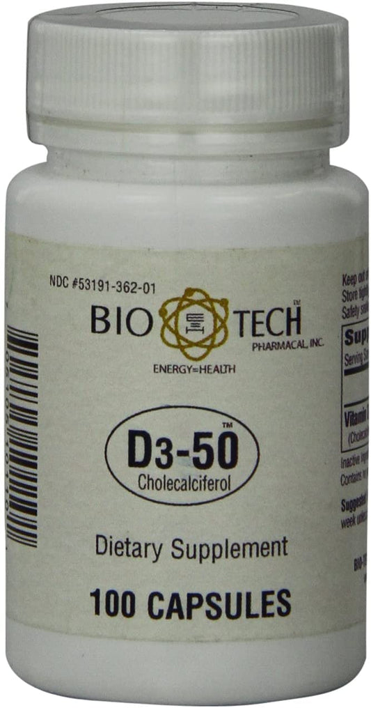 Bio-Tech Pharmacal D3-50 bottle front shows a reliable vitamin D option for bone and immune health.