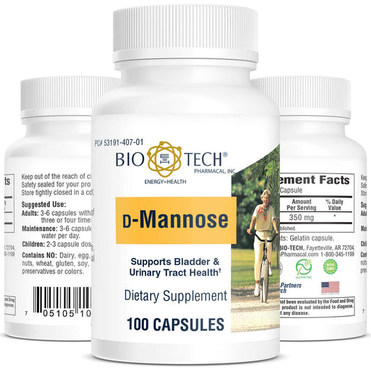 Bio-Tech Pharmacal D-Mannose bottle close-up for bladder support possibilities.