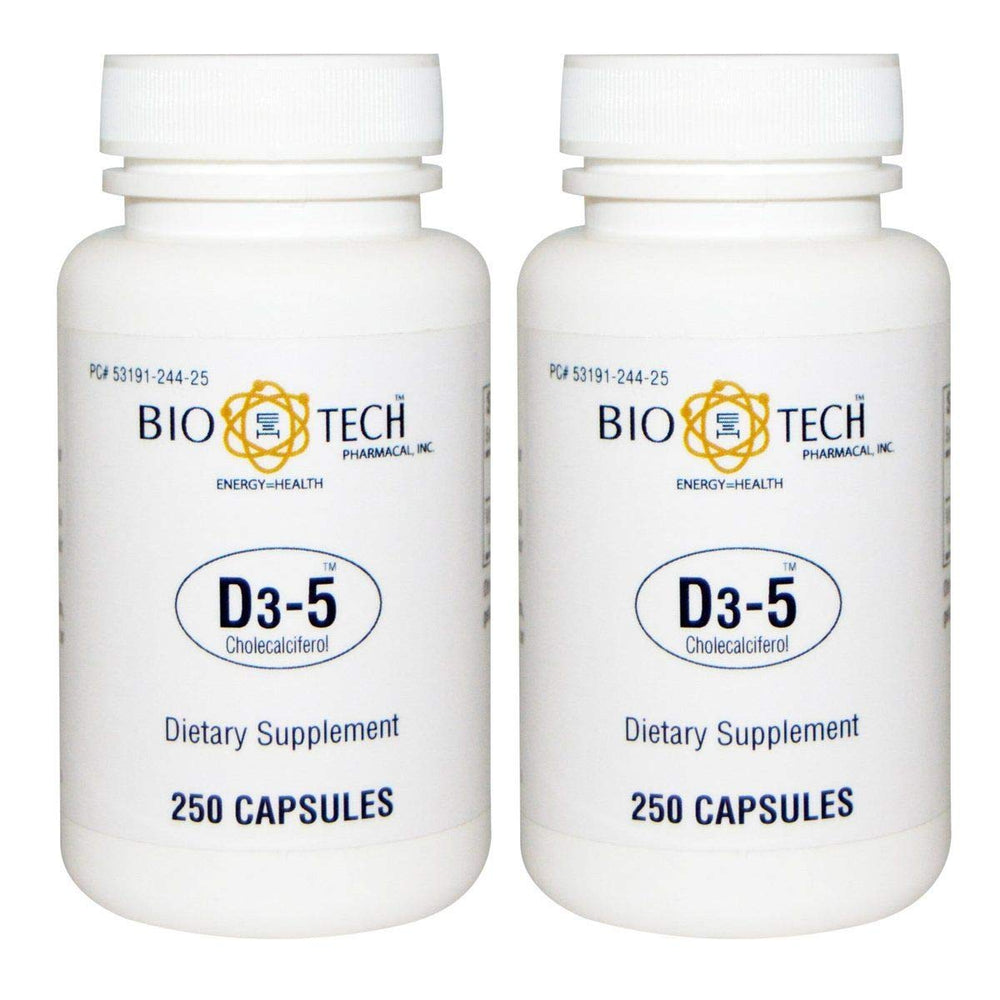 Bio-Tech Pharmacal D3-5 5000 IU tablets in bottle for daily vitamin D support.