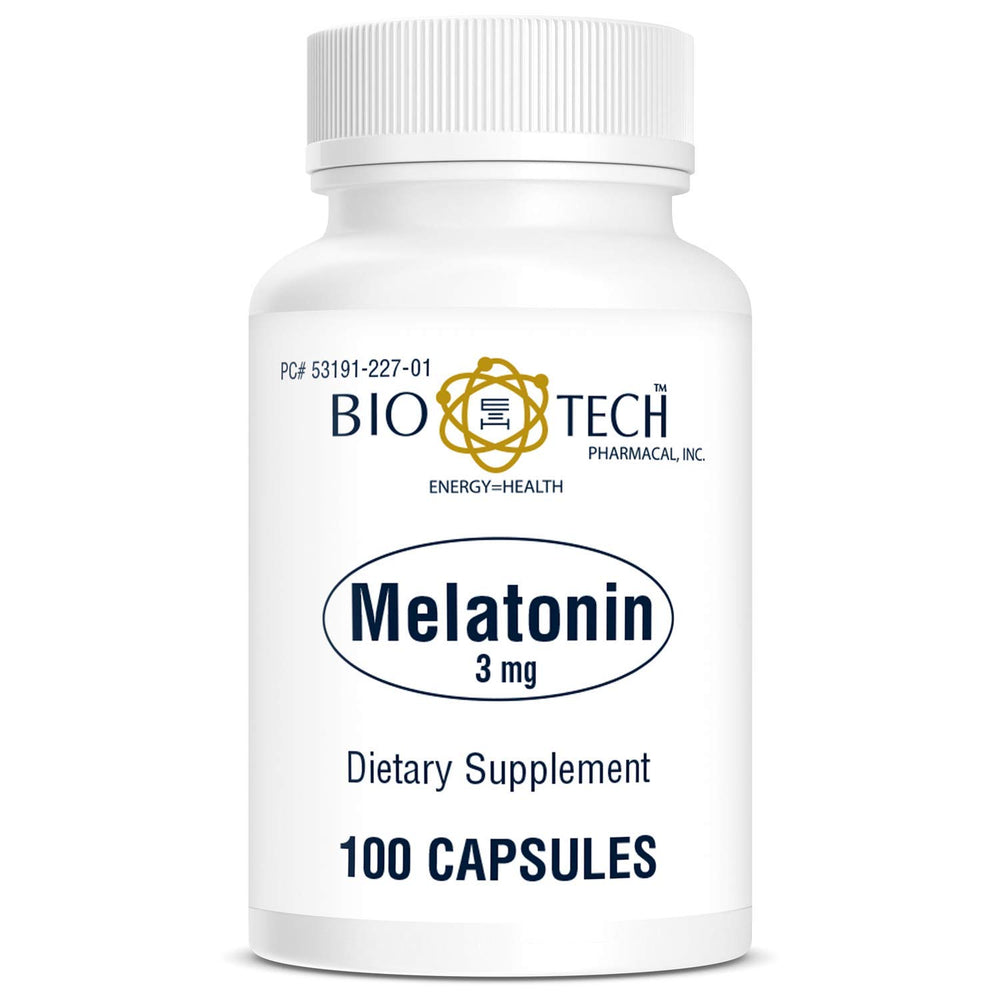 Bio-Tech Pharmacal Melatonin 3 mg bottle on nightstand supports restful sleep