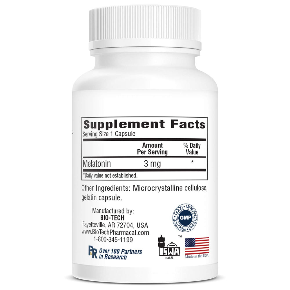 Bio-Tech Pharmacal Melatonin bottle on vanity with soft lighting for bedtime routine