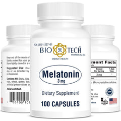 Bio-Tech Pharmacal Melatonin capsules close-up with compact bottle for nightly use