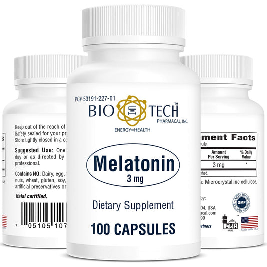 Bio-Tech Pharmacal Melatonin capsules close-up with compact bottle for nightly use