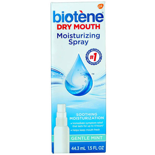 Biotène Moisturizing Mouth Spray bottle front shows instant hydration for dry mouth relief.