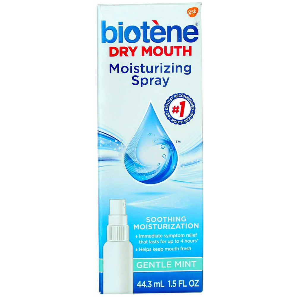 Biotène mouth spray application mist highlights quick relief for parched lips and mouth.