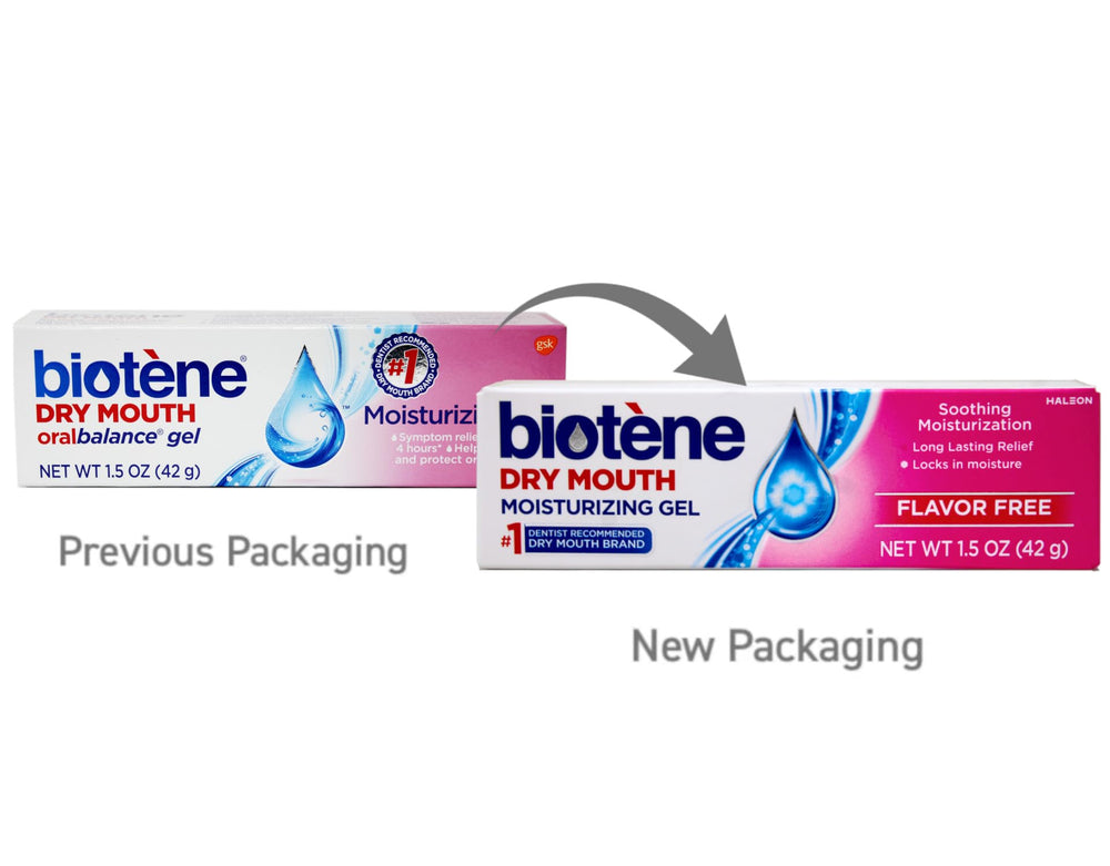 Biotène Oralbalance gel application close-up showing discreet use