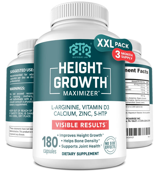 BIOTEQUELAB Height Growth Maximizer bottle front view for bone support potential.