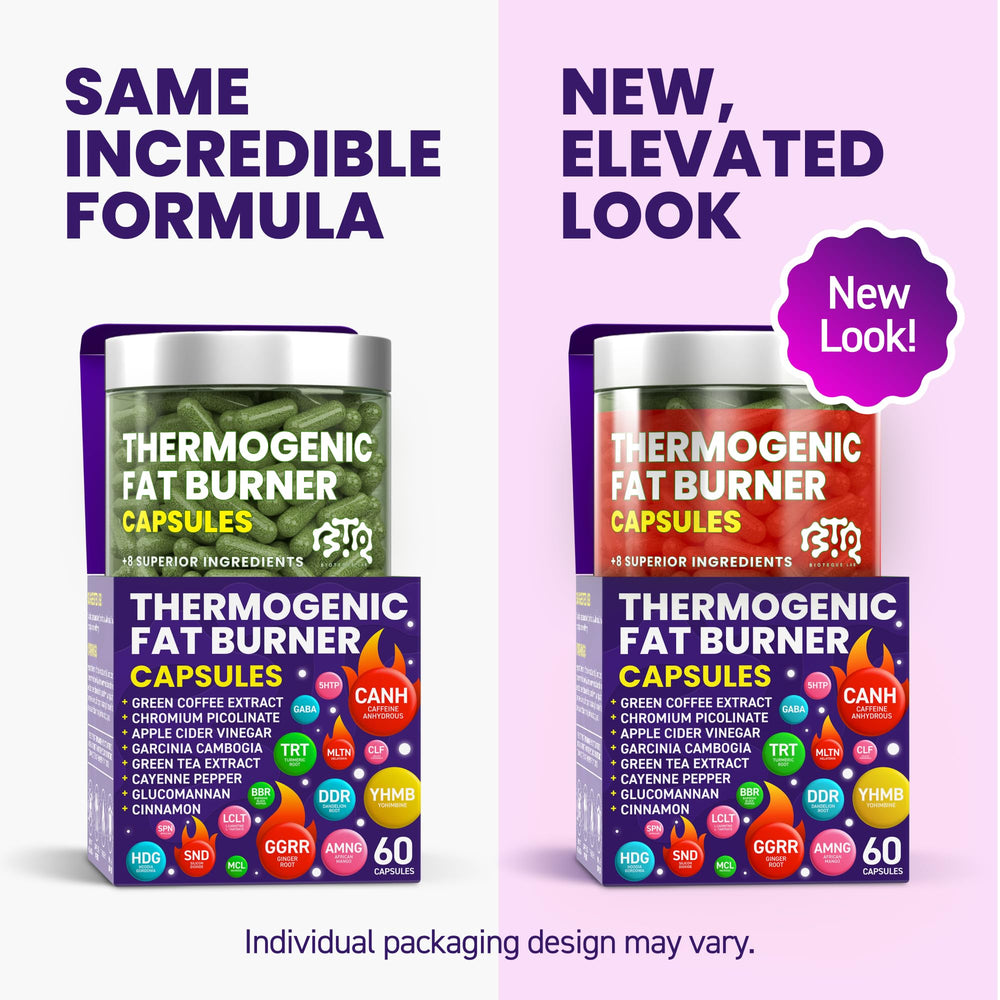 BIOTEQUELAB thermogenic bottle label highlighting green tea and garcinia cambogia ingredients.