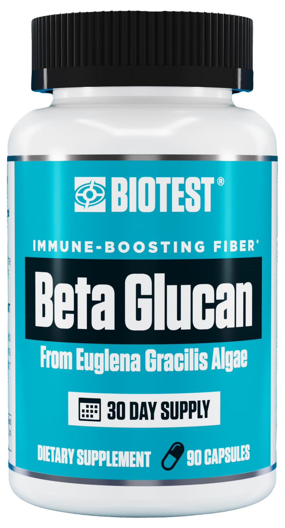 Biotest Beta-Glucan bottle front showing 600 mg dose for immune support.