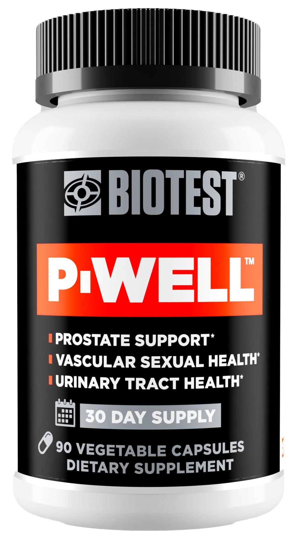Biotest P-Well bottle front view highlighting capsules for potential prostate support