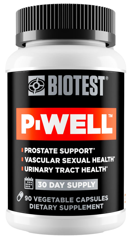 Biotest P-Well bottle front view highlighting capsules for potential prostate support
