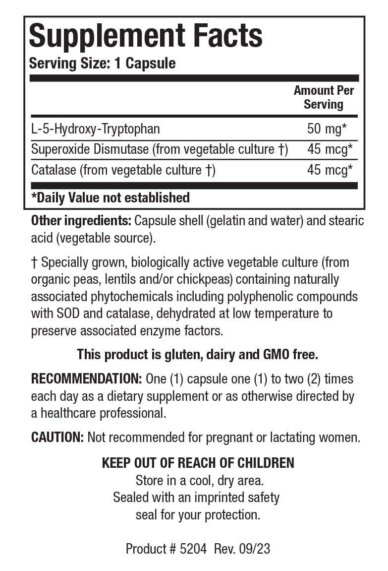 Biotics Research 5HTP 50mg bottle side view for easy daily dosing
