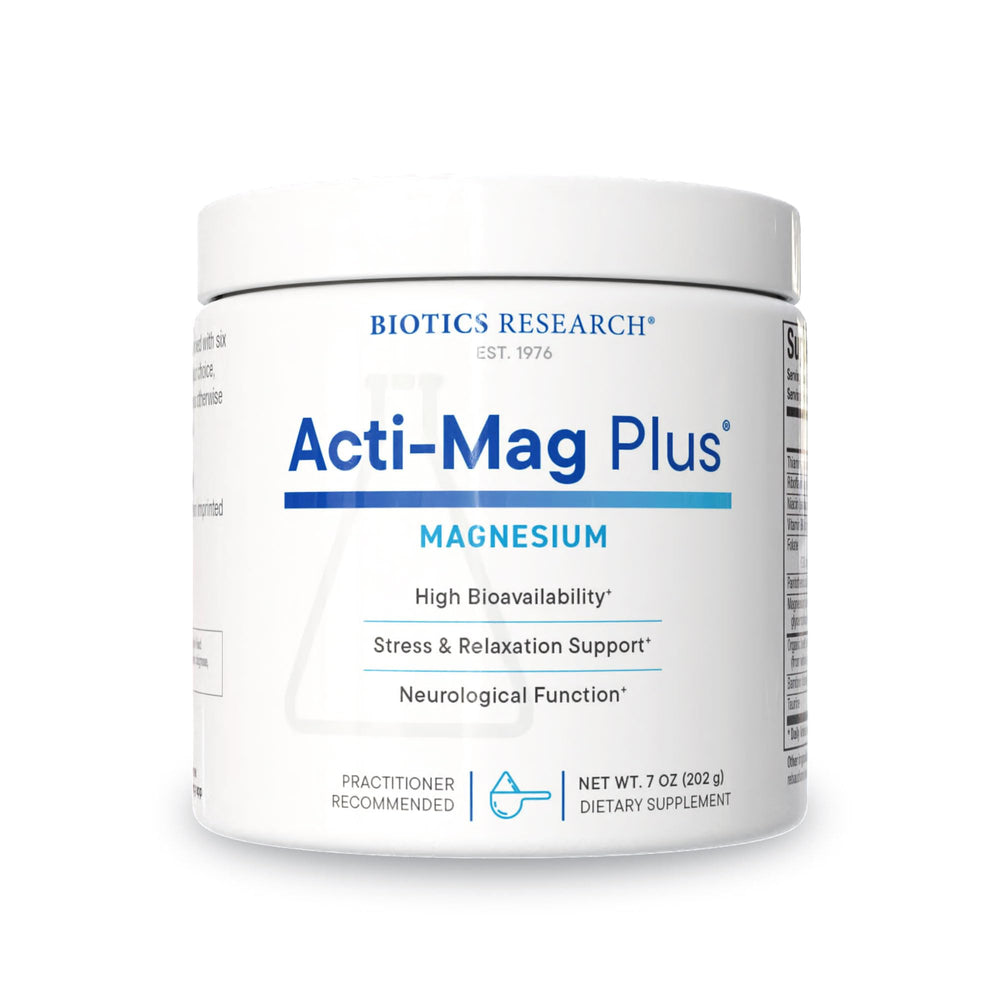 Biotics Research Acti-Mag Plus bottle front highlighting 400 mg magnesium for relaxation support.