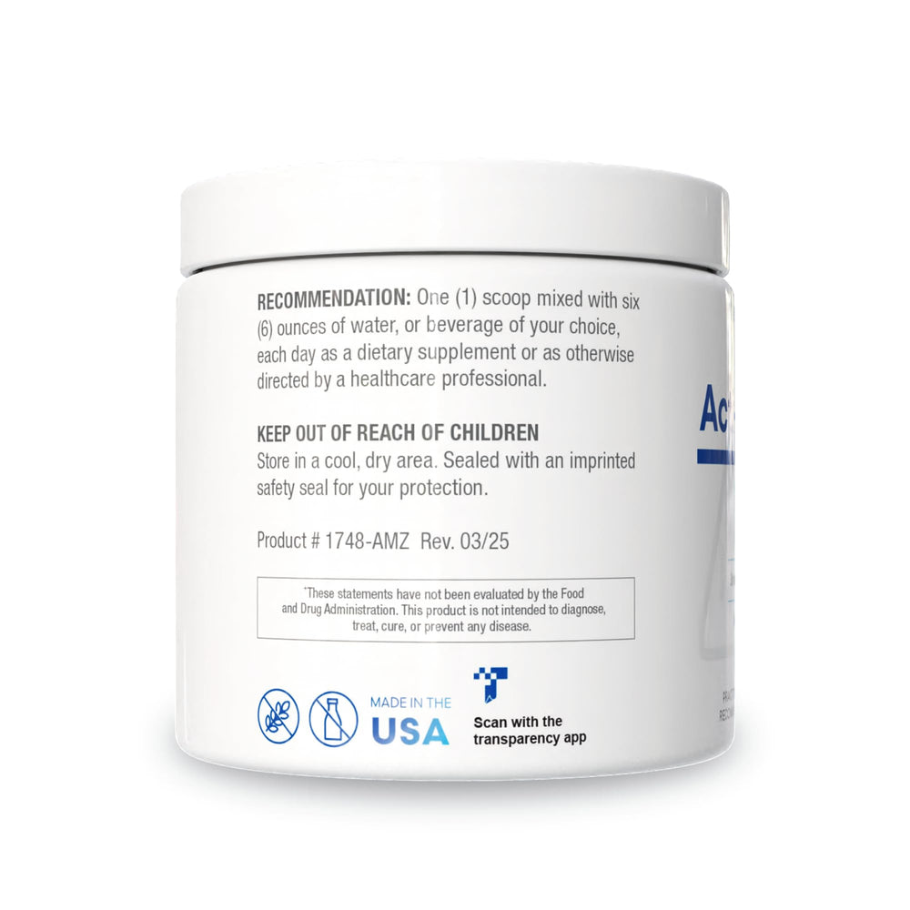Acti-Mag Plus powder scoop image emphasizing convenient serving size for daily intake.